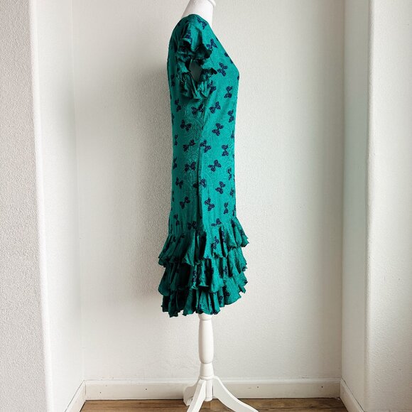 VINTAGE TEAL SILK DRESS WITH BOW PRINT - Picture 5 of 7